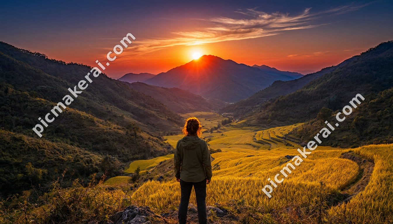 V型丘陵山谷，夕阳在远处的山顶，人站在半山腰看夕阳，山谷里的金色的稻田
